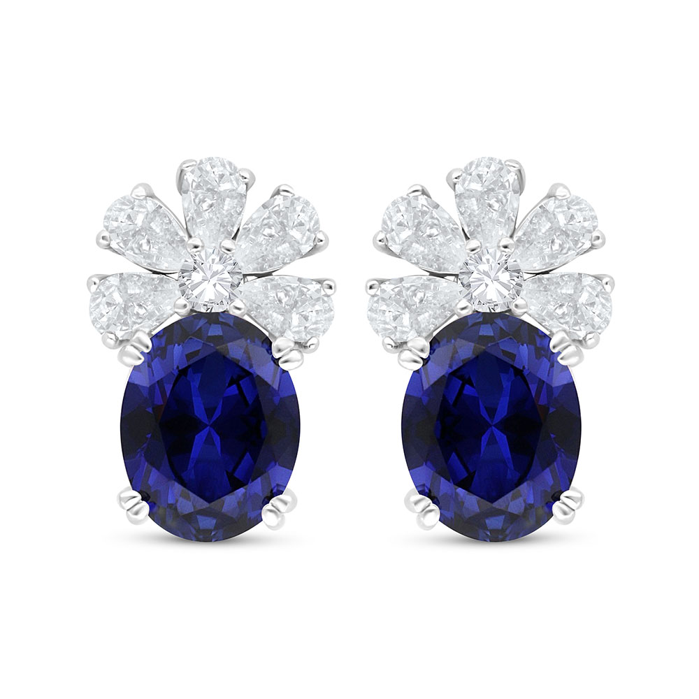 Sterling Silver 925 Earring Rhodium Plated Embedded With Sapphire Corundum And White Zircon