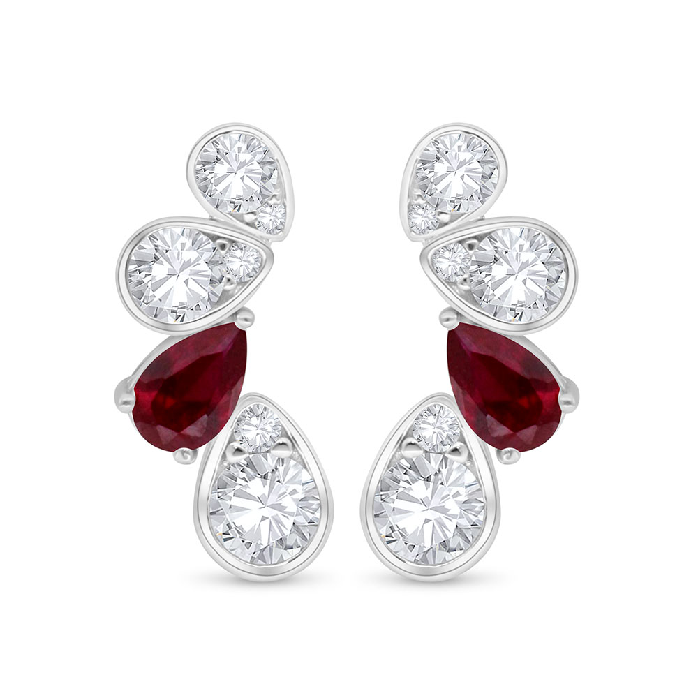 Sterling Silver 925 Earring Rhodium Plated Embedded With Ruby Corundum And White Zircon