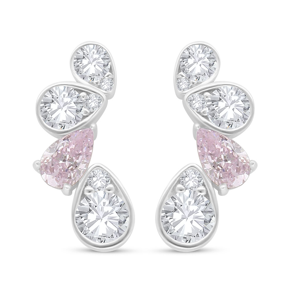 Sterling Silver 925 Earring Rhodium Plated Embedded With pink Zircon And White Zircon