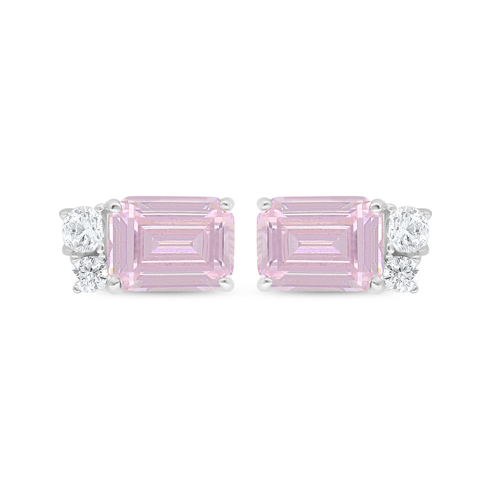 Sterling Silver 925 Earring Rhodium Plated Embedded With pink Zircon And White Zircon