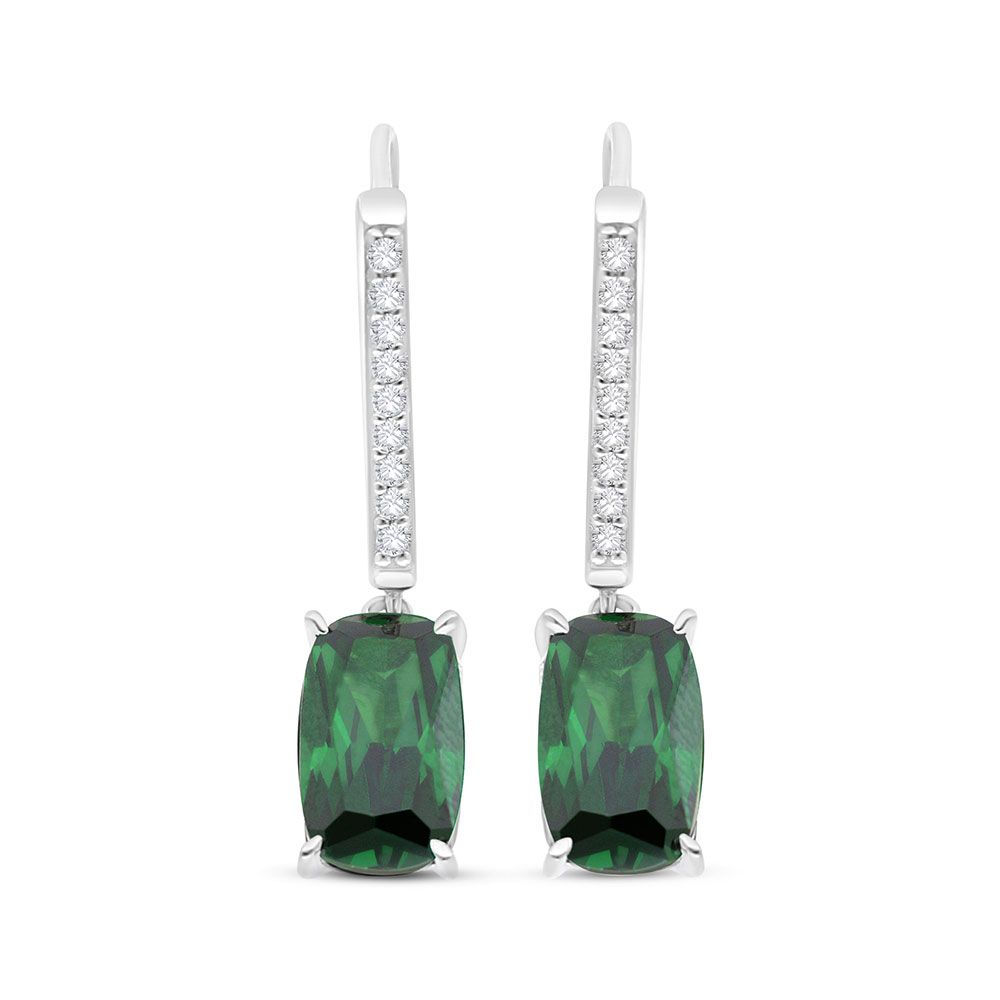 Sterling Silver 925 Earring Rhodium Plated Embedded With Emerald Zircon And White Zircon