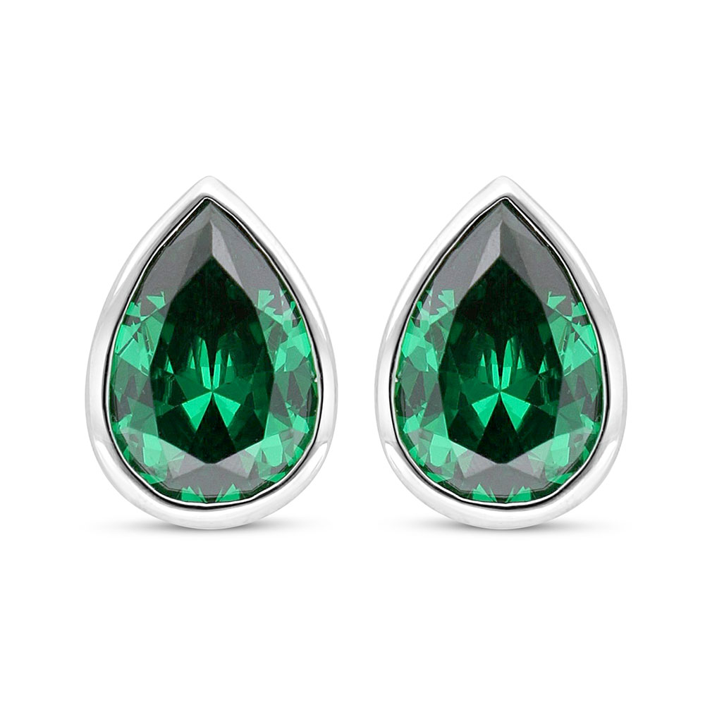 Sterling Silver 925 Earring Rhodium Plated Embedded With Emerald Zircon 