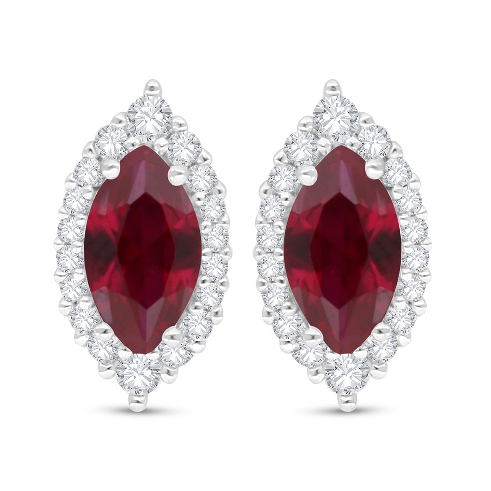 Sterling Silver 925 Earring Rhodium Plated Embedded With Ruby Corundum And White Zircon