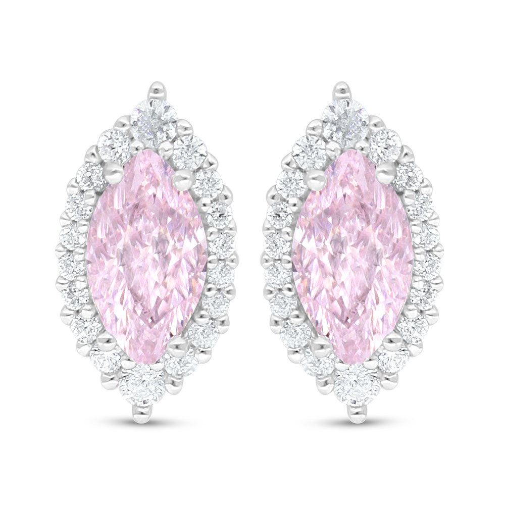 Sterling Silver 925 Earring Rhodium Plated Embedded With pink Zircon And White Zircon