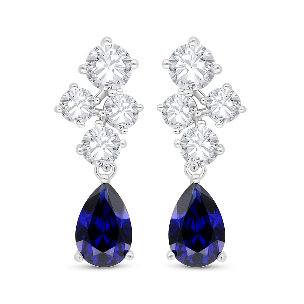 Sterling Silver 925 Earring Rhodium Plated Embedded With Sapphire Corundum And White Zircon