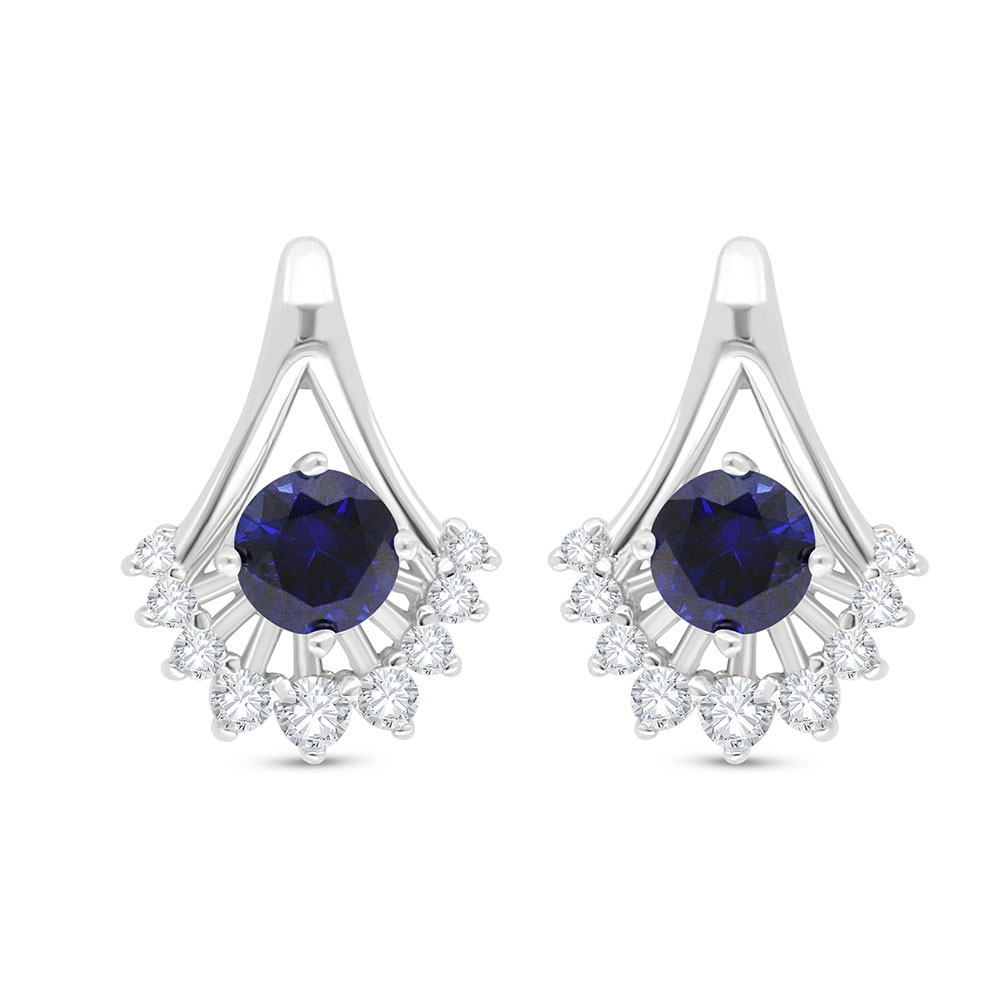 Sterling Silver 925 Earring Rhodium Plated Embedded With Sapphire Corundum And White Zircon