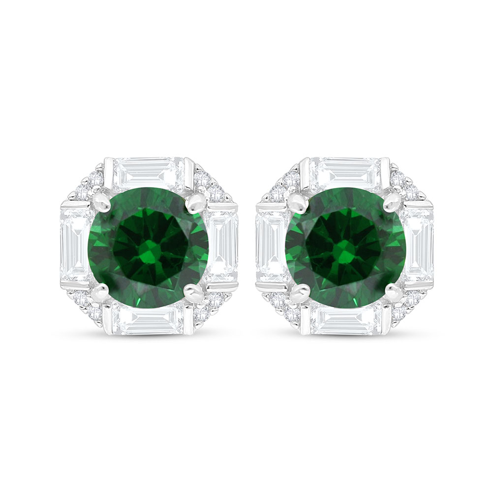 Sterling Silver 925 Earring Rhodium Plated Embedded With Emerald Zircon And White Zircon