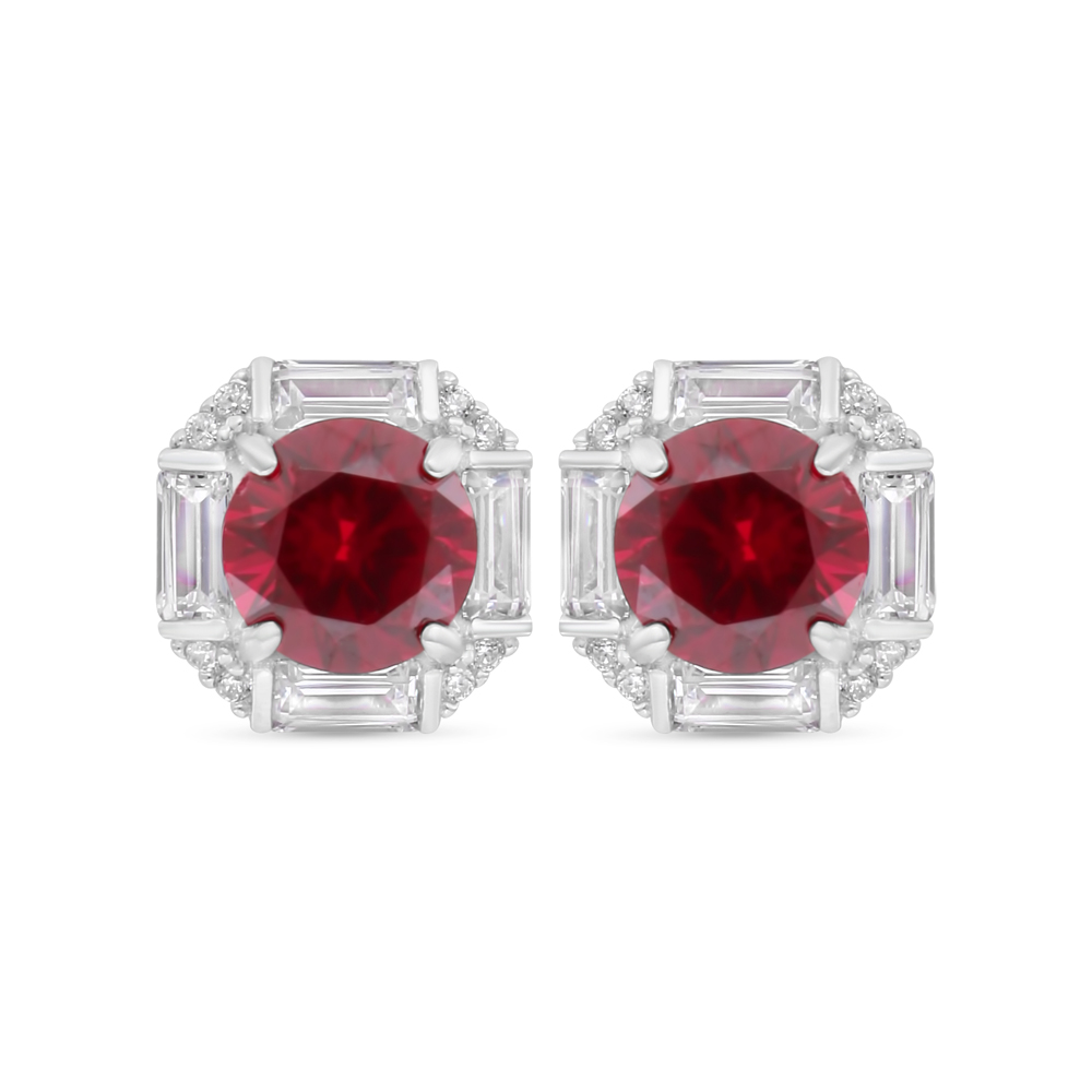 Sterling Silver 925 Earring Rhodium Plated Embedded With Ruby Corundum And White Zircon