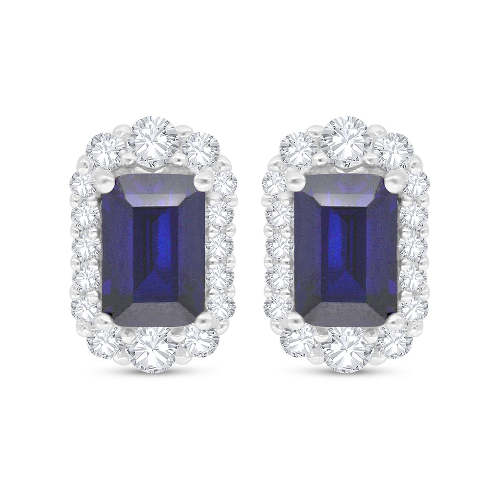 Sterling Silver 925 Earring Rhodium Plated Embedded With Sapphire Corundum And White Zircon