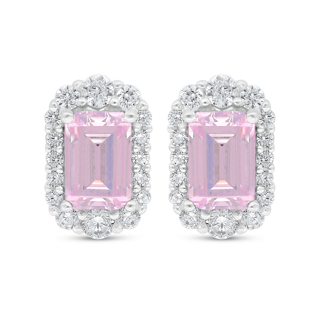 Sterling Silver 925 Earring Rhodium Plated Embedded With pink Zircon And White Zircon