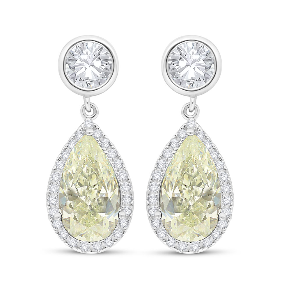 Sterling Silver 925 Earring Rhodium Plated Embedded With Yellow Diamond And White Zircon