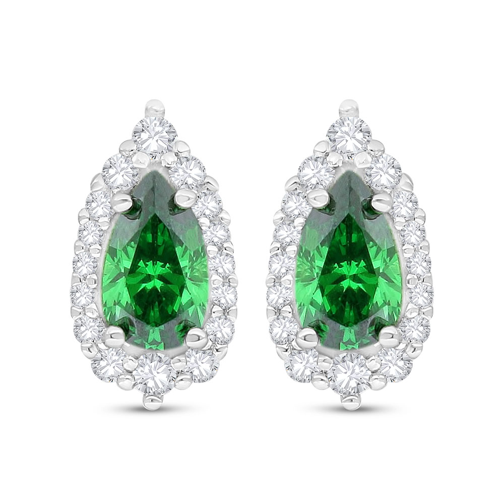 Sterling Silver 925 Earring Rhodium Plated Embedded With Emerald Zircon And White Zircon