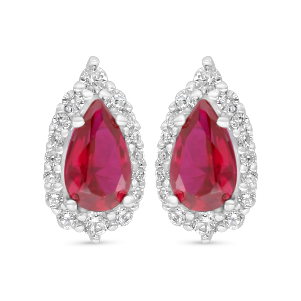 Sterling Silver 925 Earring Rhodium Plated Embedded With Ruby Corundum And White Zircon