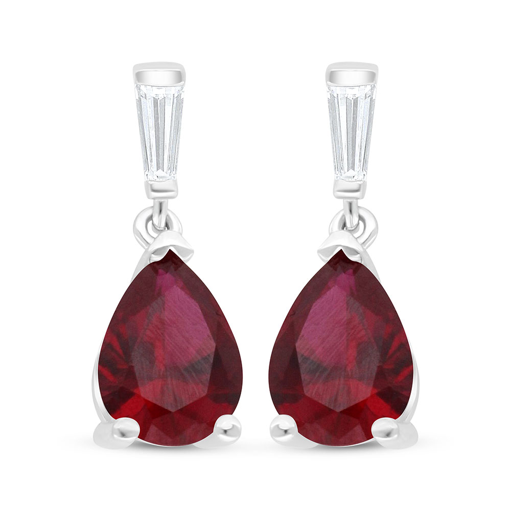 Sterling Silver 925 Earring Rhodium Plated Embedded With Ruby Corundum And White Zircon