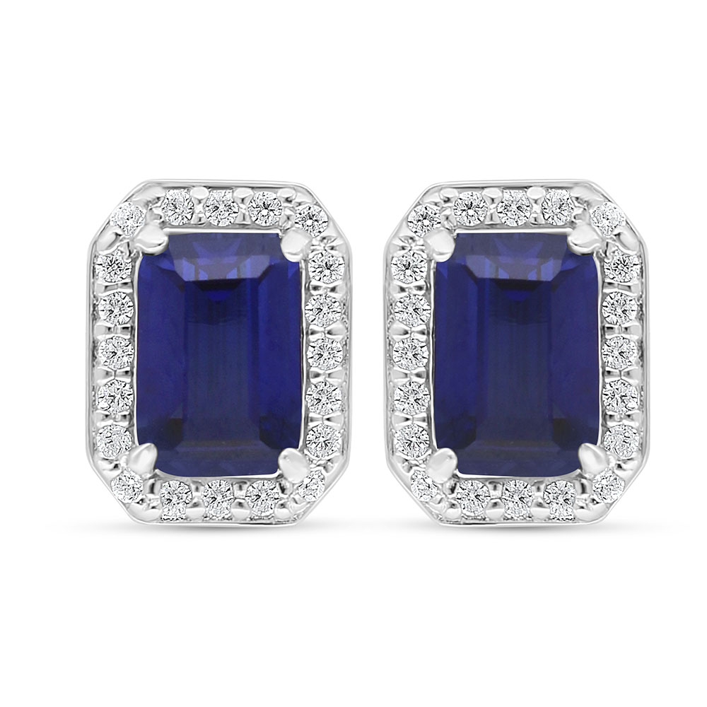 Sterling Silver 925 Earring Rhodium Plated Embedded With Sapphire Corundum And White Zircon