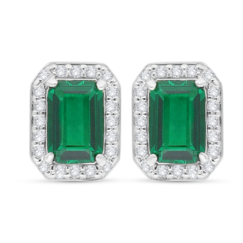 Sterling Silver 925 Earring Rhodium Plated Embedded With Emerald Zircon And White Zircon