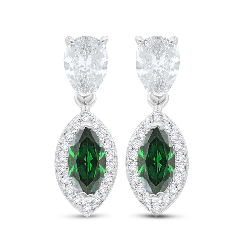 Sterling Silver 925 Earring Rhodium Plated Embedded With Emerald Zircon And White Zircon