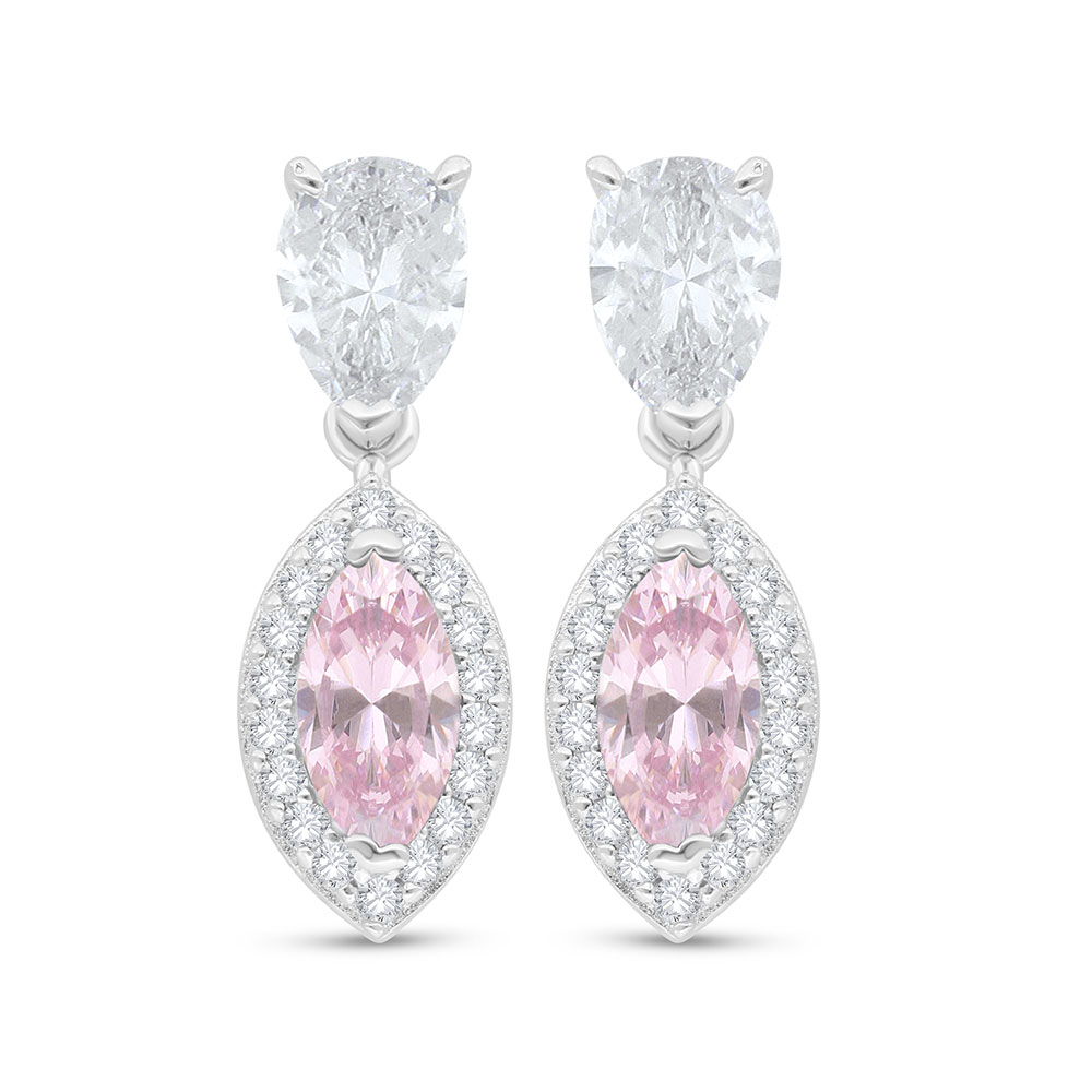 Sterling Silver 925 Earring Rhodium Plated Embedded With pink Zircon And White Zircon