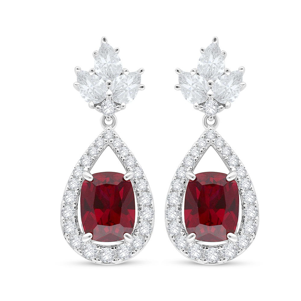 Sterling Silver 925 Earring Rhodium Plated Embedded With Ruby Corundum And White Zircon