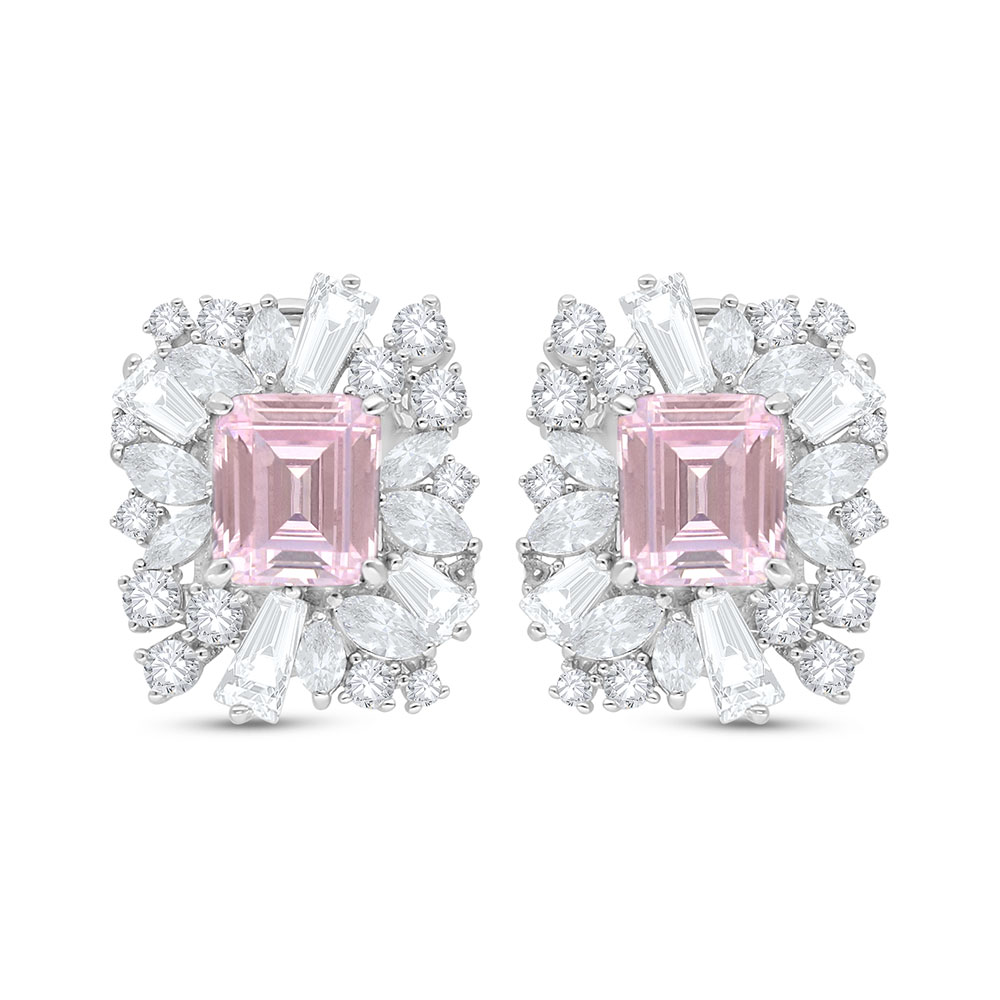 Sterling Silver 925 Earring Rhodium Plated Embedded With pink Zircon And White Zircon