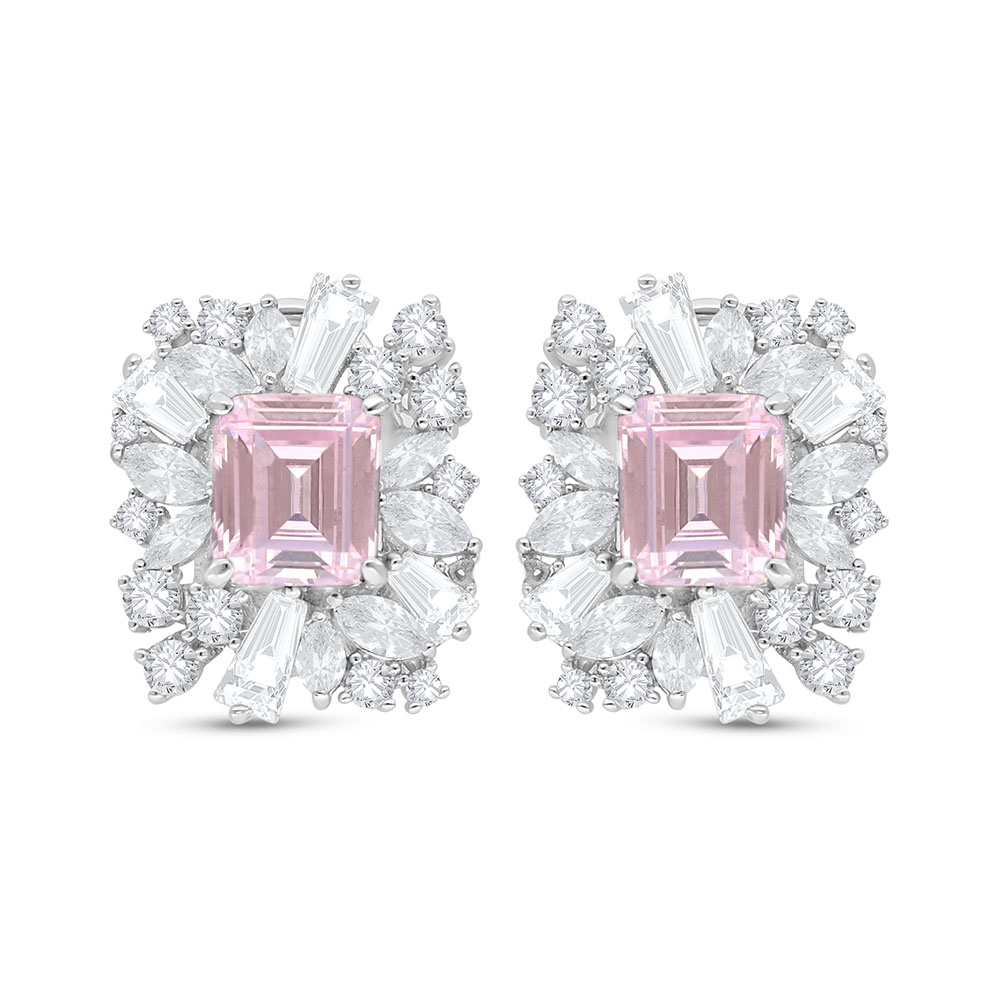 Sterling Silver 925 Earring Rhodium Plated Embedded With pink Zircon And White Zircon