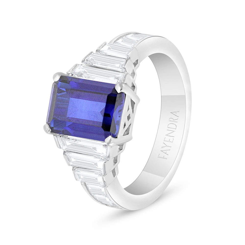 Sterling Silver 925 Ring Rhodium Plated Embedded With Sapphire Corundum And White Zircon