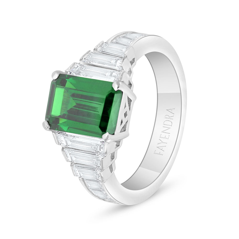 Sterling Silver 925 Ring Rhodium Plated Embedded With Emerald Zircon And White Zircon