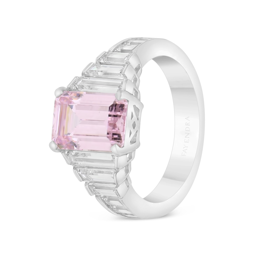 Sterling Silver 925 Ring Rhodium Plated Embedded With Pink Zircon And White Zircon