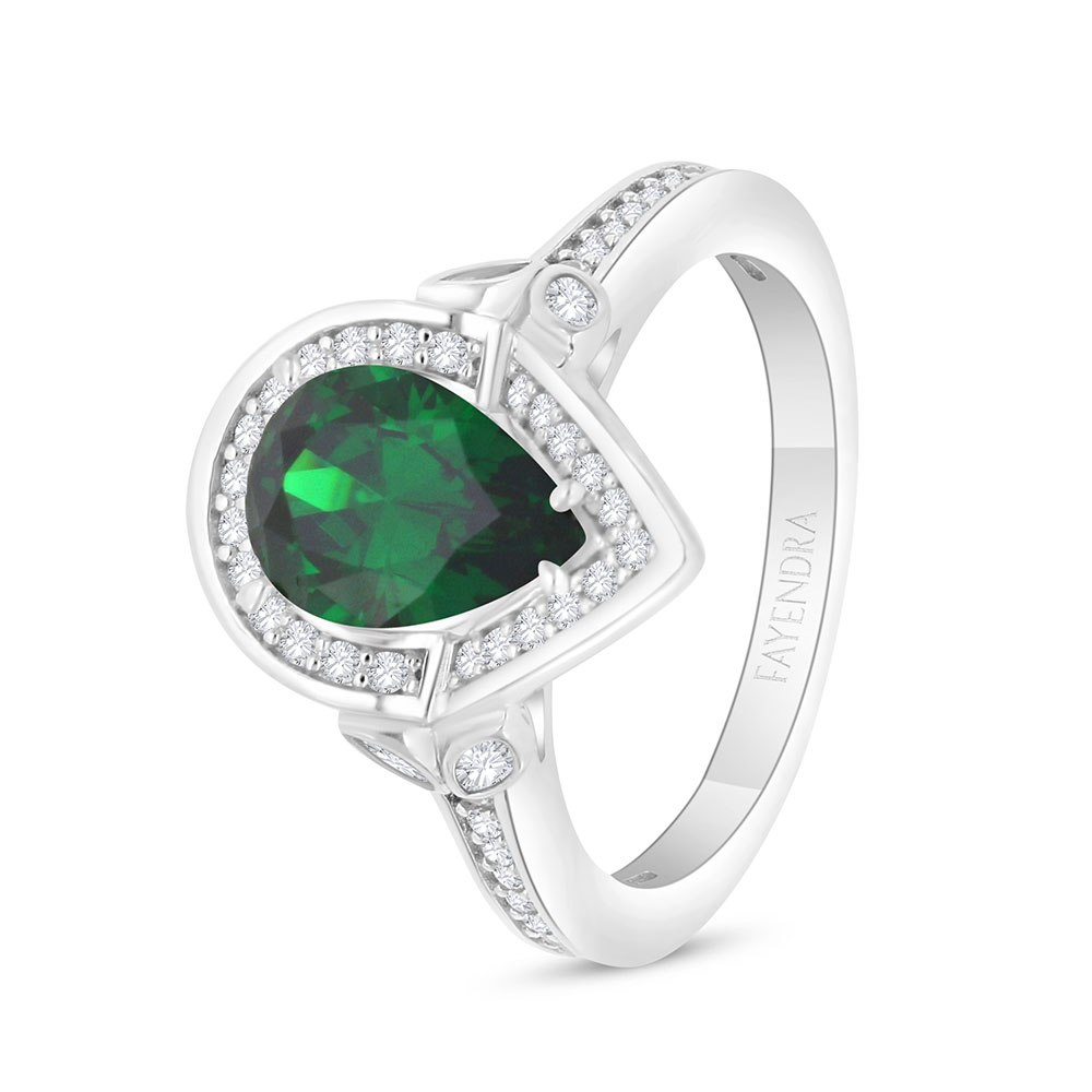 Sterling Silver 925 Ring Rhodium Plated Embedded With Emerald Zircon And White Zircon