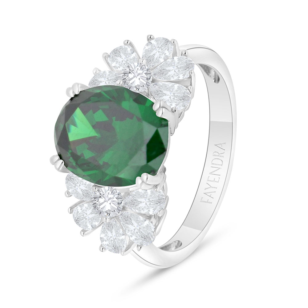 Sterling Silver 925 Ring Rhodium Plated Embedded With Emerald Zircon And White Zircon