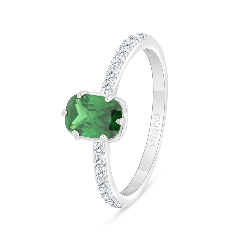 Sterling Silver 925 Ring Rhodium Plated Embedded With Emerald Zircon And White Zircon