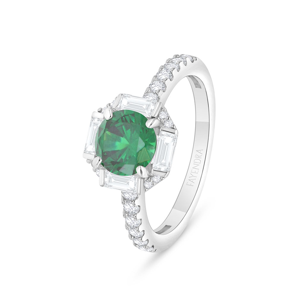 Sterling Silver 925 Ring Rhodium Plated Embedded With Emerald Zircon And White Zircon