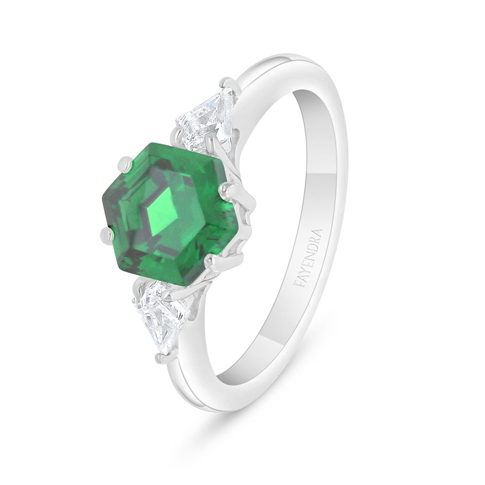 Sterling Silver 925 Ring Rhodium Plated Embedded With Emerald Zircon And White Zircon