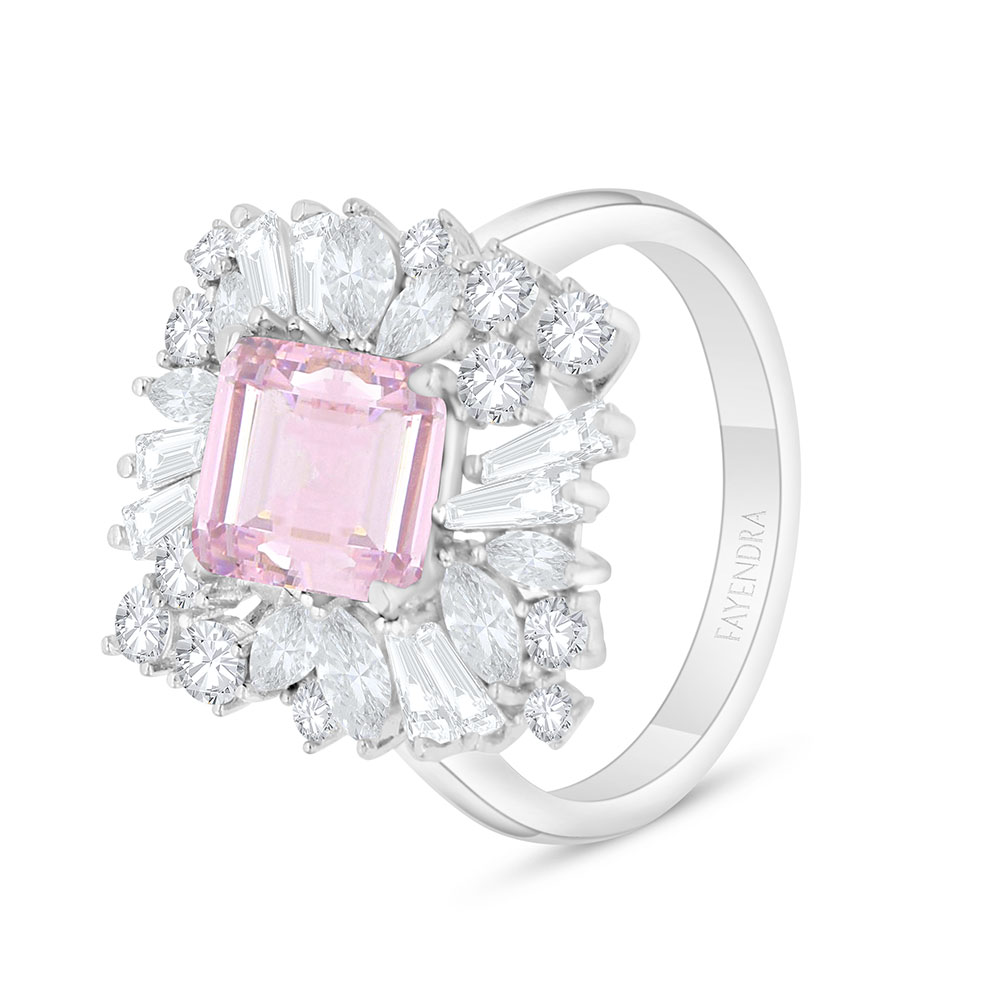 Sterling Silver 925 Ring Rhodium Plated Embedded With pink Zircon And White Zircon