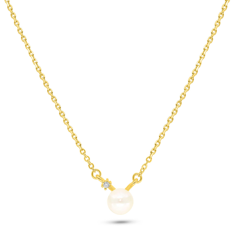 Sterling Silver 925 Necklace Golden Plated Embedded With Fresh Water Pearl And White Zircon