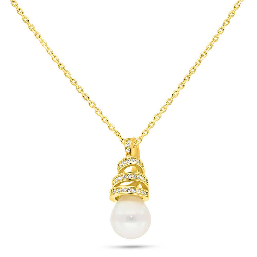 Sterling Silver 925 Necklace Golden Plated Embedded With Fresh Water Pearl And White Zircon