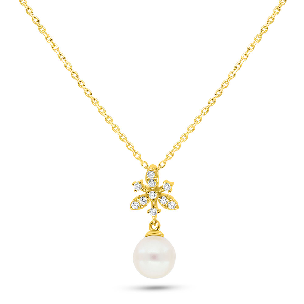 Sterling Silver 925 Necklace Golden Plated Embedded With Fresh Water Pearl And White Zircon