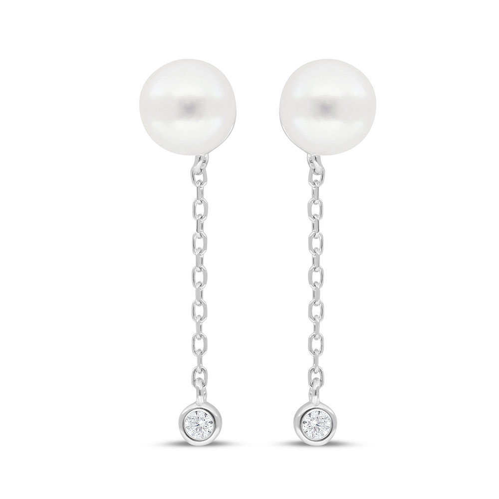 Sterling Silver 925 Earring Rhodium Plated Embedded With Fresh Water Pearl And White Zircon