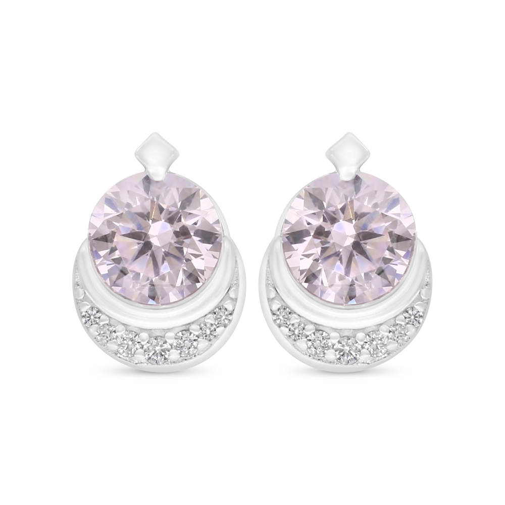 Sterling Silver 925 Earring Rhodium Plated Embedded With Pink Zircon And White Zircon