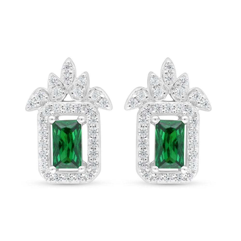 Sterling Silver 925 Earring Rhodium Plated Embedded With Emerald Zircon And White Zircon