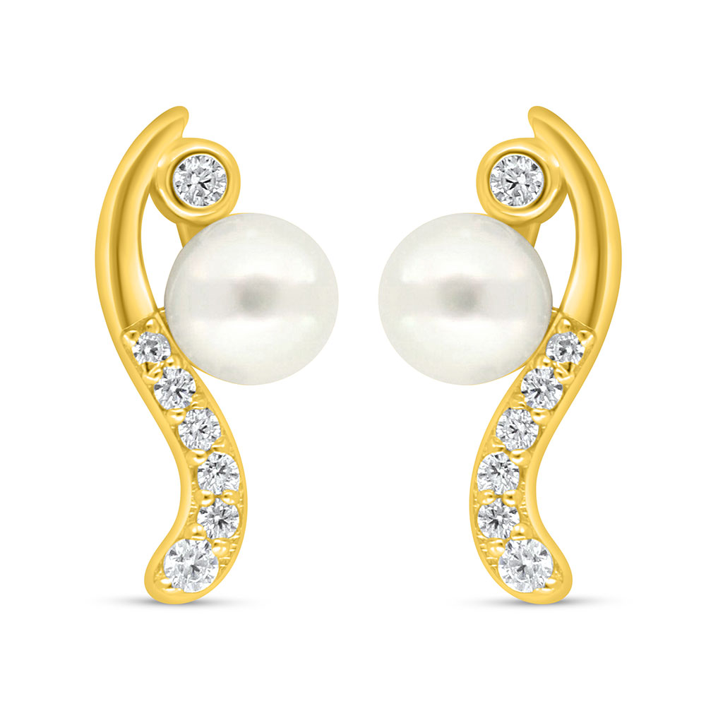 Sterling Silver 925 Earring Golden Plated Embedded With Fresh Water Pearl And White Zircon