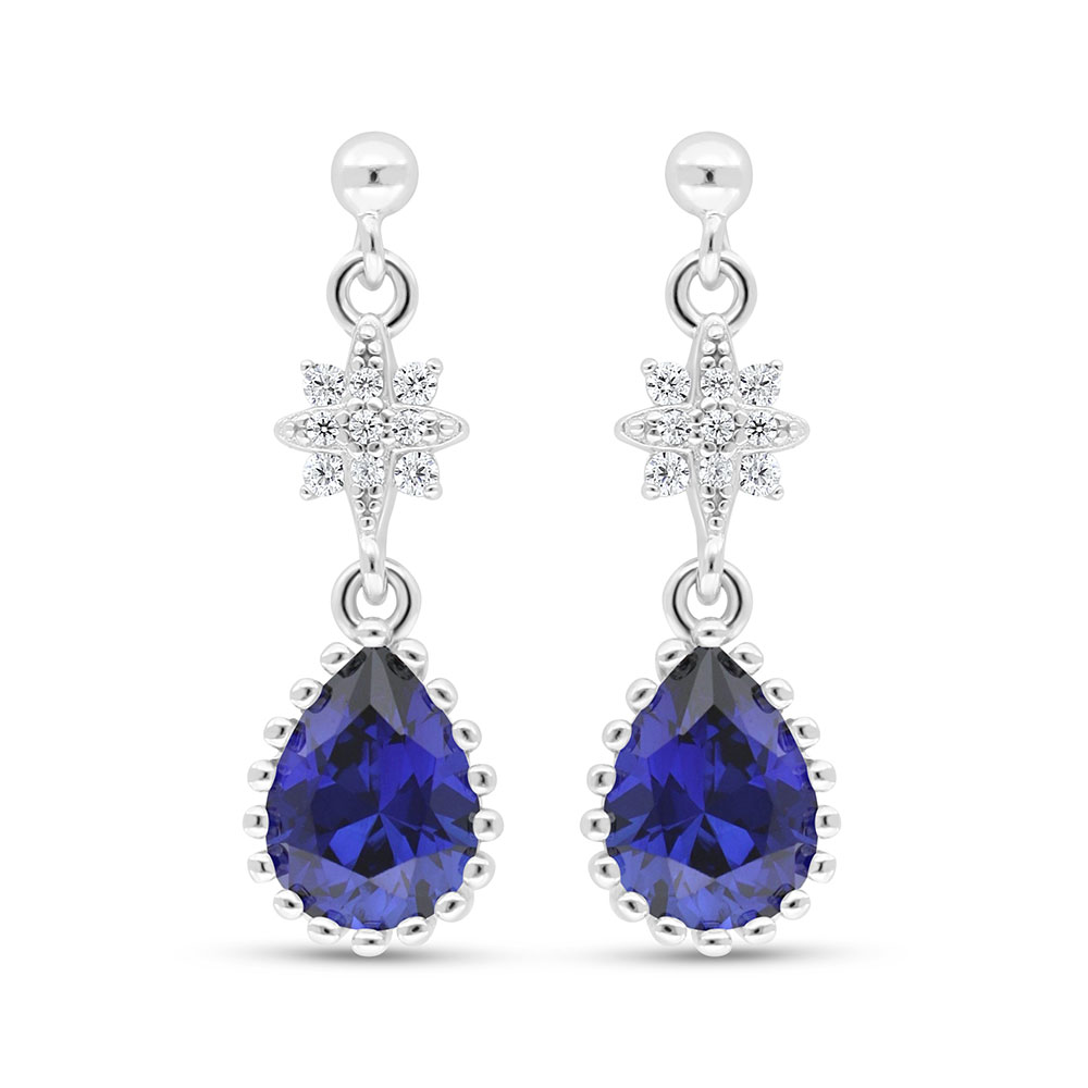 Sterling Silver 925 Earring Rhodium Plated Embedded With Sapphire Corundum And White Zircon