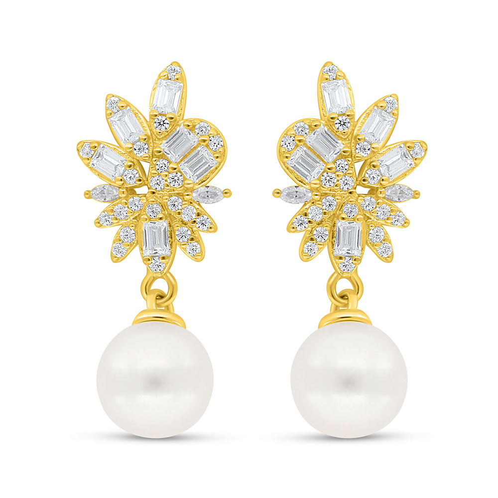 Sterling Silver 925 Earring Golden Plated Embedded With Fresh Water Pearl And White Zircon