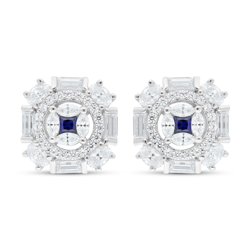 Sterling Silver 925 Earring Rhodium Plated Embedded With Sapphire Corundum And White Zircon