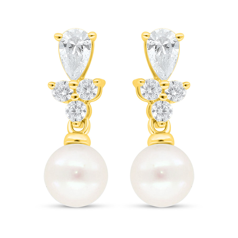 Sterling Silver 925 Earring Golden Plated Embedded With Fresh Water Pearl And White Zircon