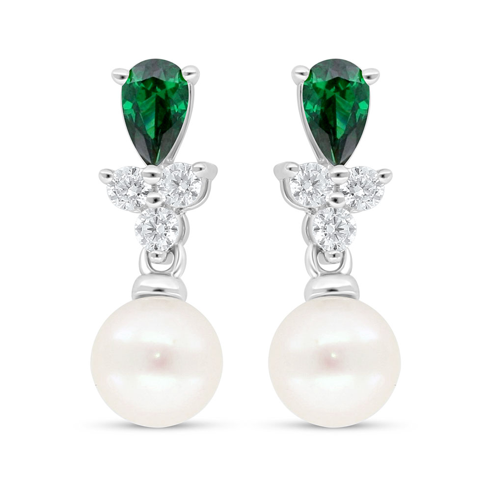 Sterling Silver 925 Earring Rhodium Plated Embedded With Fresh Water Pearl And Emerald Zircon And White Zircon