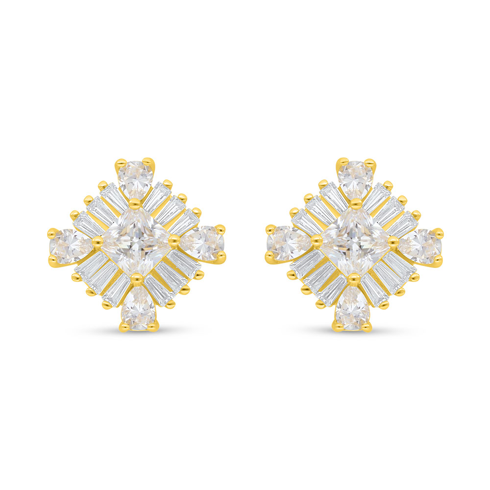 Sterling Silver 925 Earring Golden Plated Embedded With White Zircon