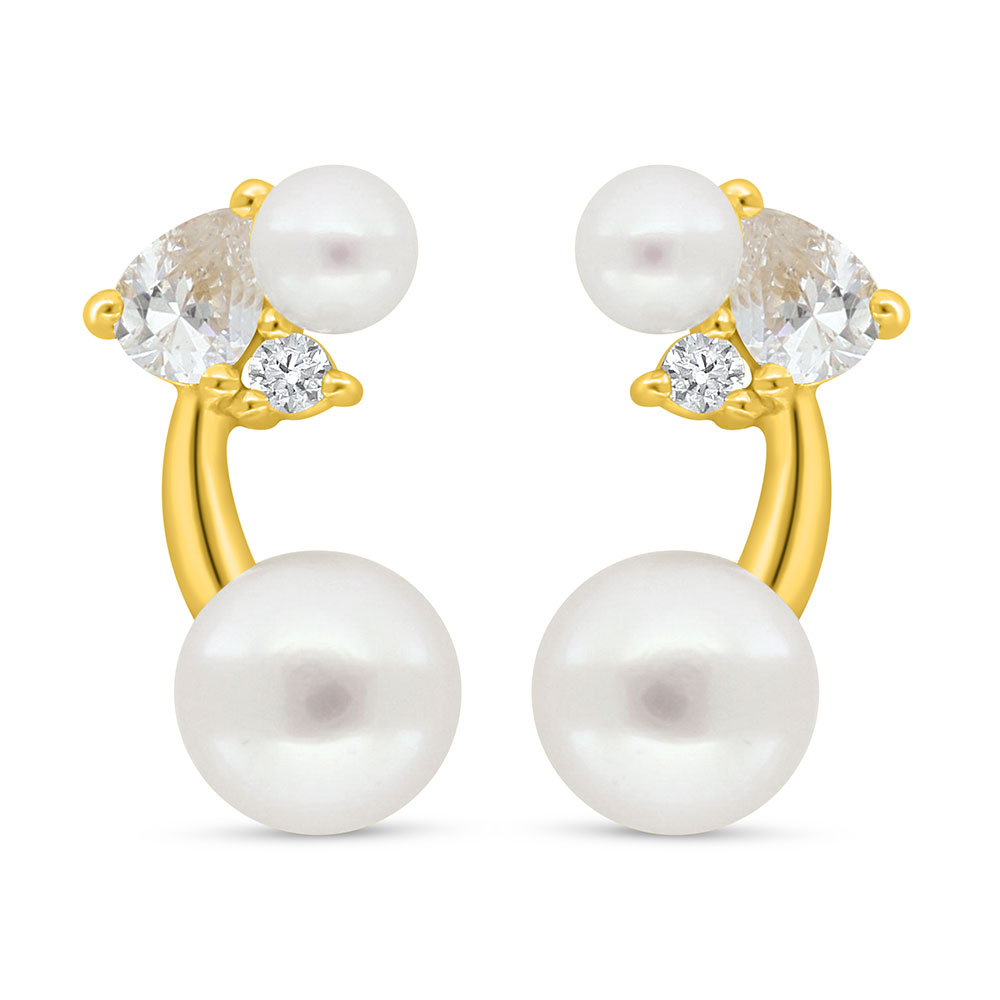 Sterling Silver 925 Earring Golden Plated Embedded With Fresh Water Pearl And White Zircon