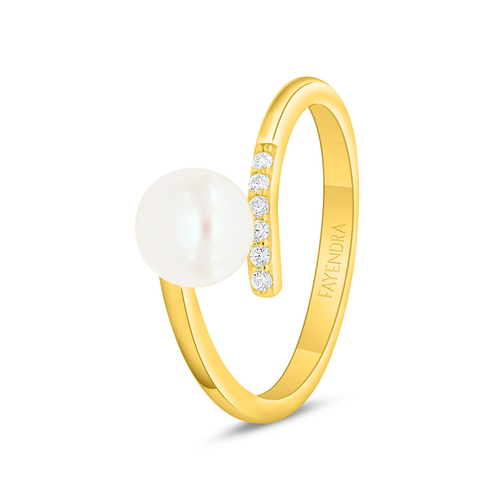 Sterling Silver 925 Ring Golden Plated Embedded With Fresh Water Pearl And White Zircon