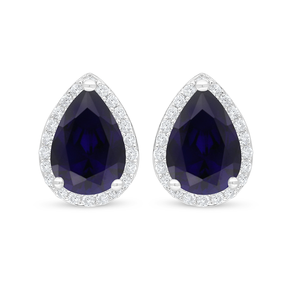 Sterling Silver 925 Earring Rhodium Plated Embedded With Sapphire Corundum And White Zircon